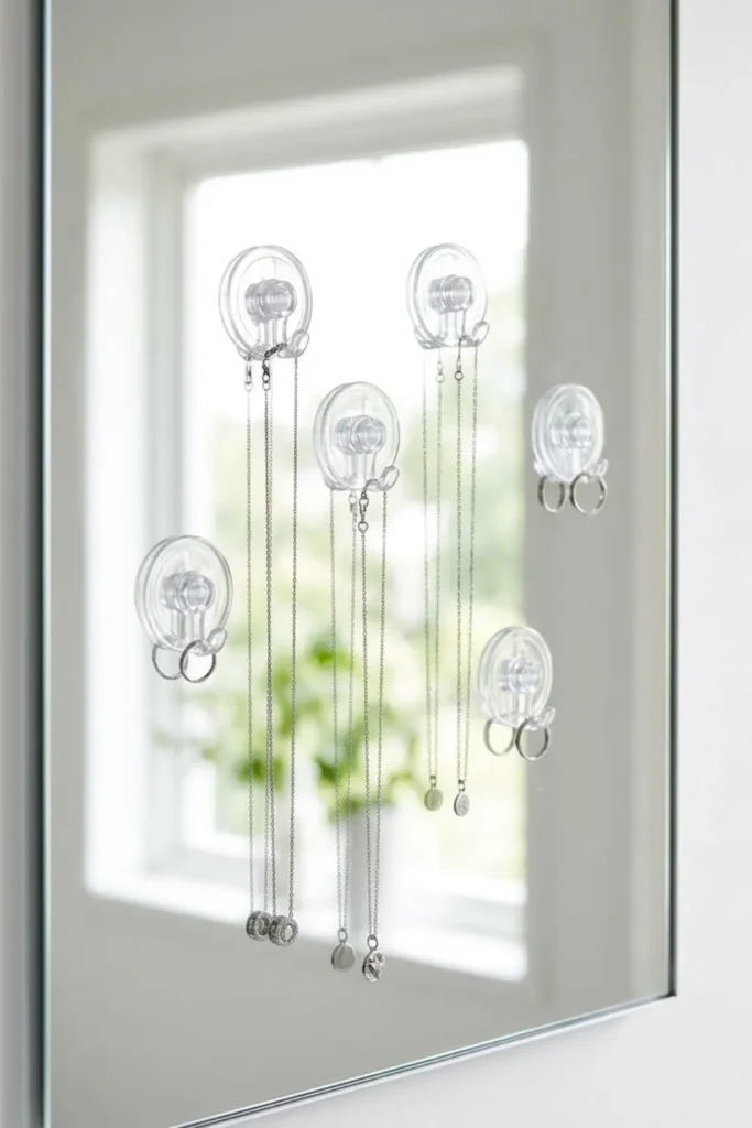 Stick Suction-Cup Hooks on the Mirror for Jewelry