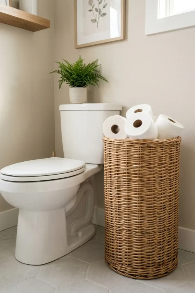 Keep Extra Toilet Paper in a Tall Cylindrical Wicker Basket