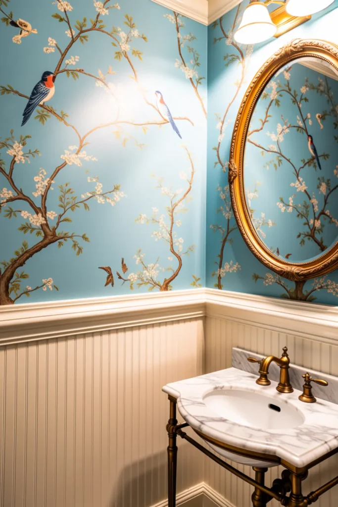 Light blue Chinoiserie wallpaper with birds and cherry blossoms above white wainscoting in an elegant powder room.
