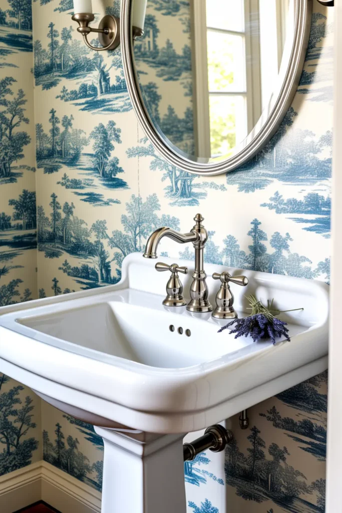 Classic blue and white Toile wallpaper bringing French country charm to a powder room.