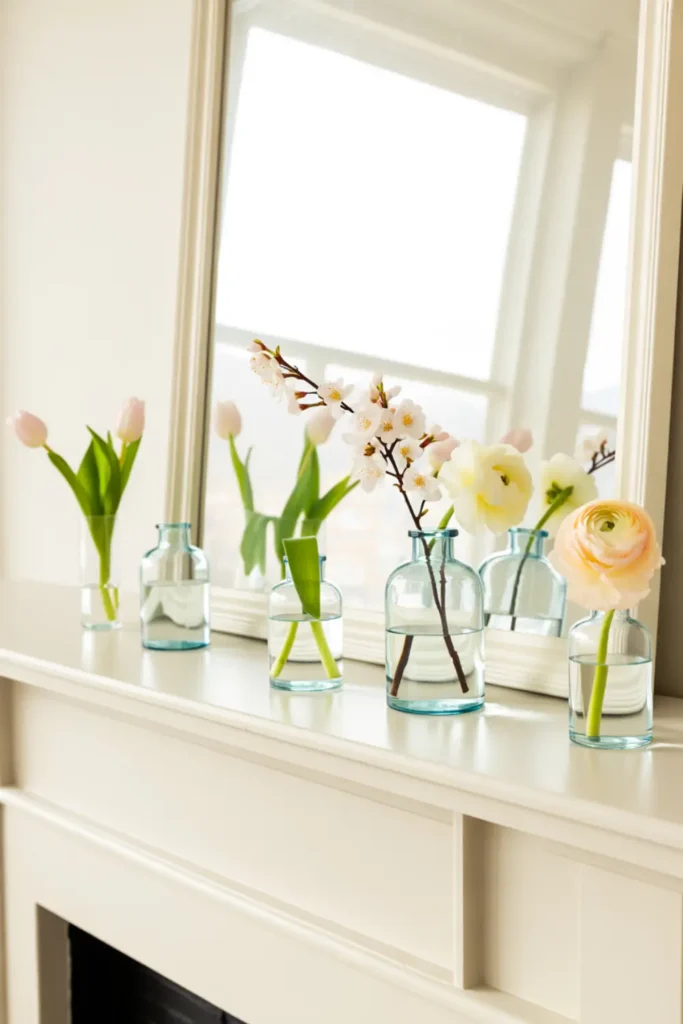 White fireplace mantel styled with small glass bud vases and single spring flowers.