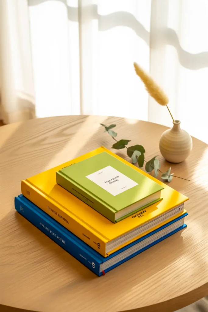 Stack of brightly colored coffee table books in yellow and green.