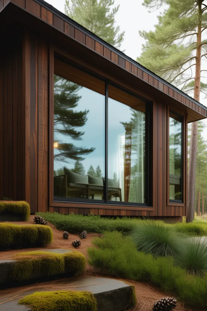 Espresso brown wood-look vinyl siding on a luxury rustic cabin.