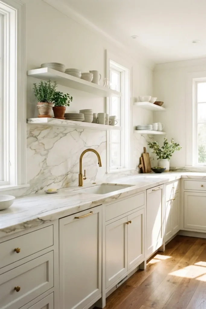 Continuous honed marble slab backsplash and countertop.