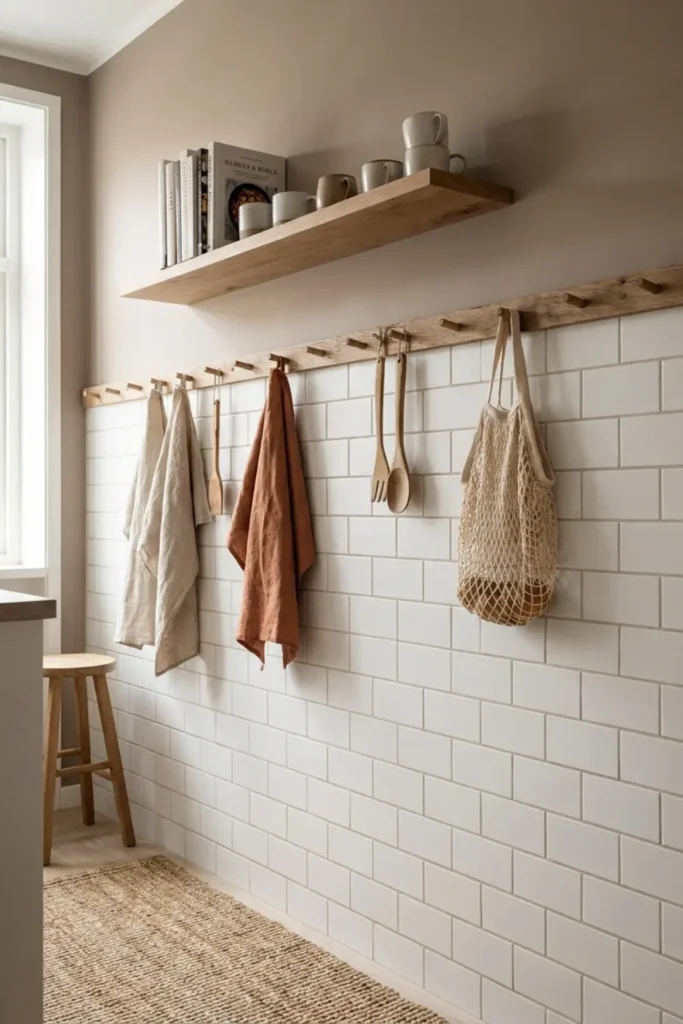 Two-tone split wall with white tile and taupe paint.