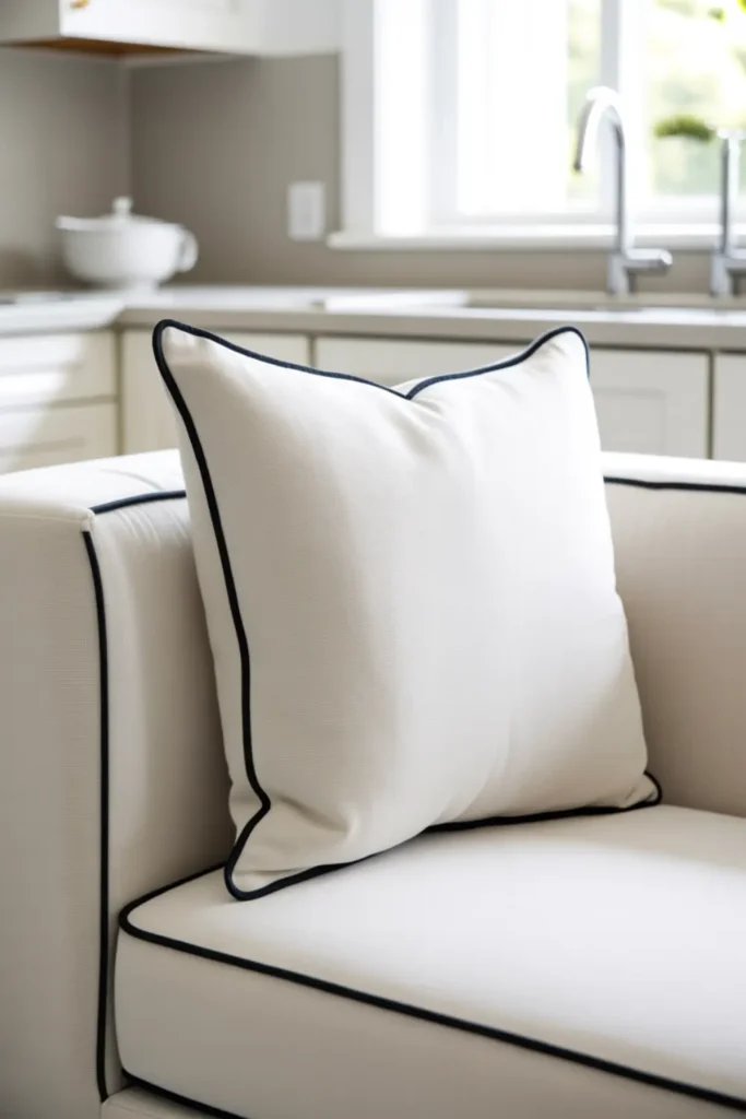 White banquette cushion featuring elegant black contrast piping.