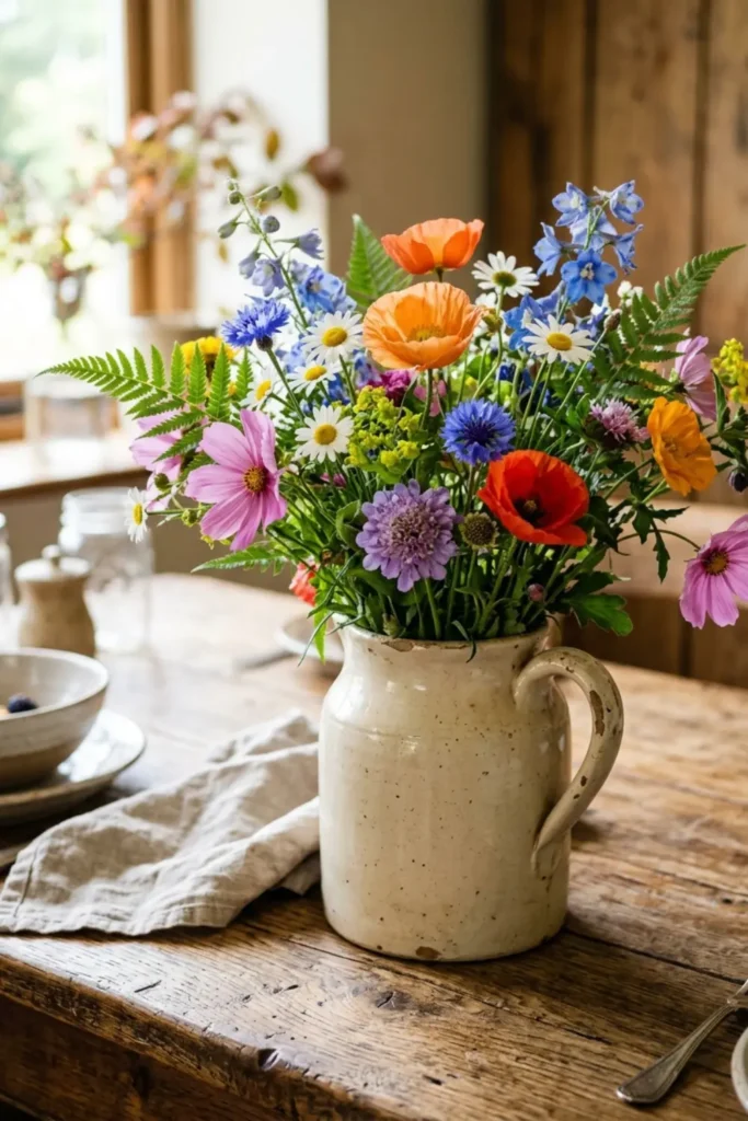 Rustic dining table with a colorful wildflower centerpiece arranged in an antique ceramic pitcher.