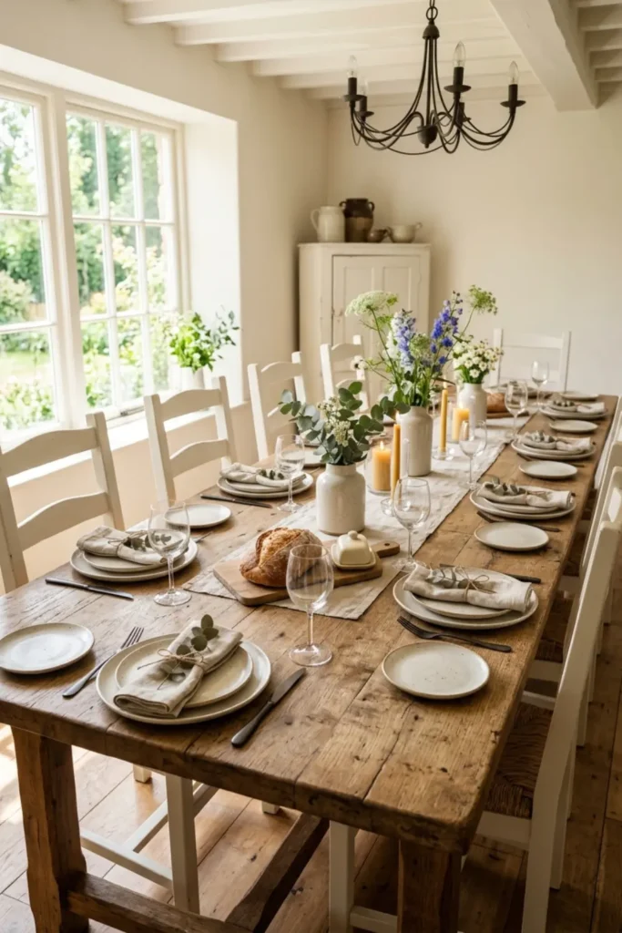 Sunlit dining room with a reclaimed wood farmhouse harvest table and simple ceramic place settings.
