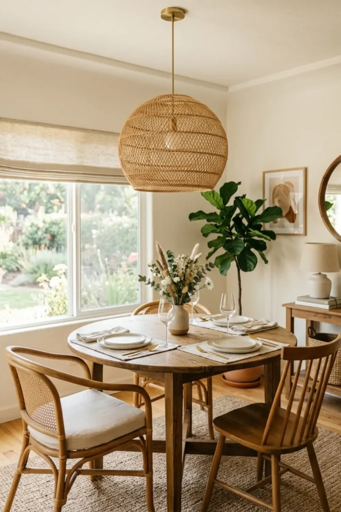 Cozy dining space with a woven rattan pendant light above a round wooden dining table.