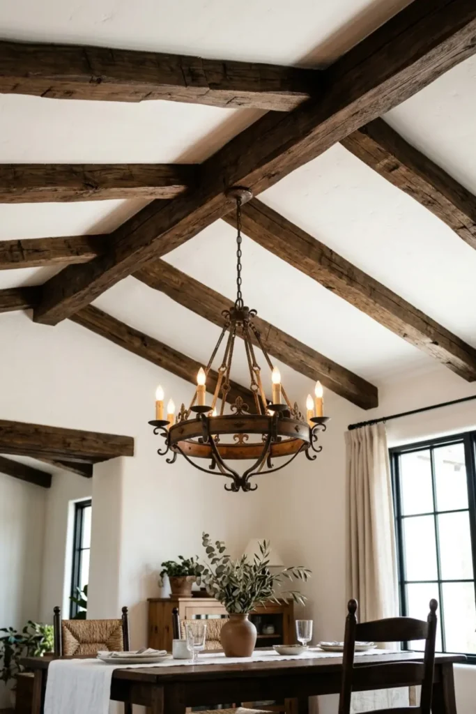 Dining room with exposed rustic wooden ceiling beams and a vintage chandelier hanging from the ceiling.