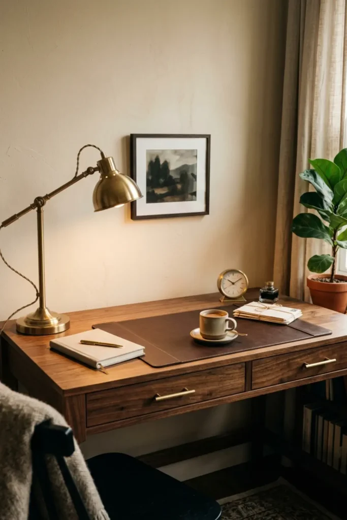 Warm walnut wood desk with brushed brass accent lamp and leather pad.