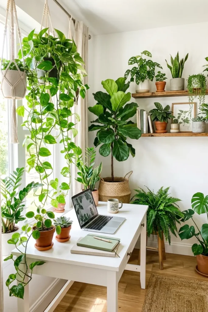 Urban jungle home office filled with lush indoor houseplants