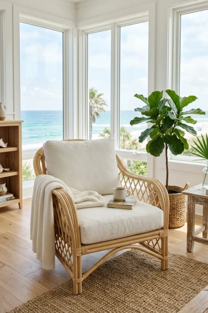 Light rattan accent chair with cream pillow in a sun-filled room.