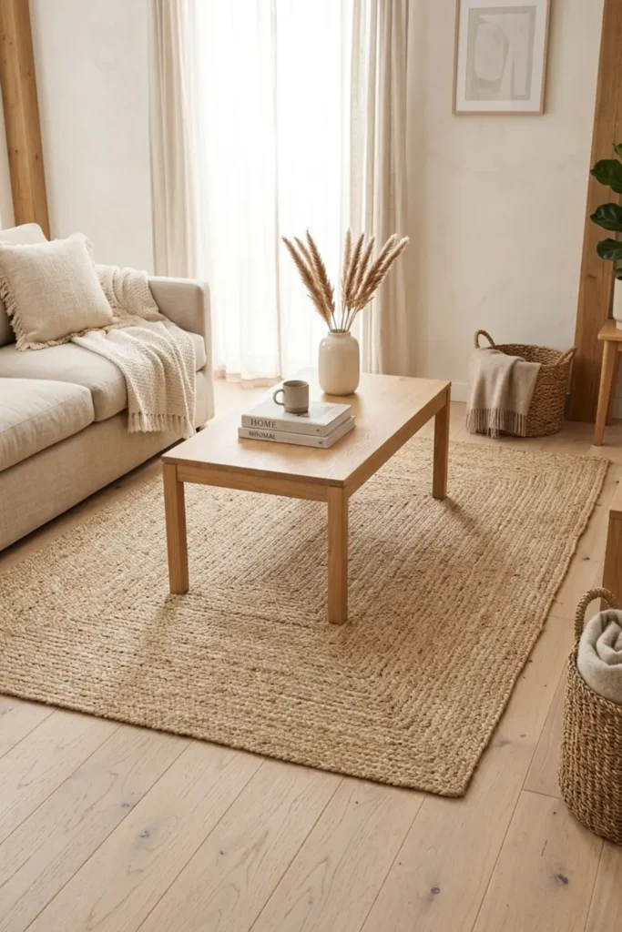 Natural woven jute rug on light wood flooring in a summer living space.
