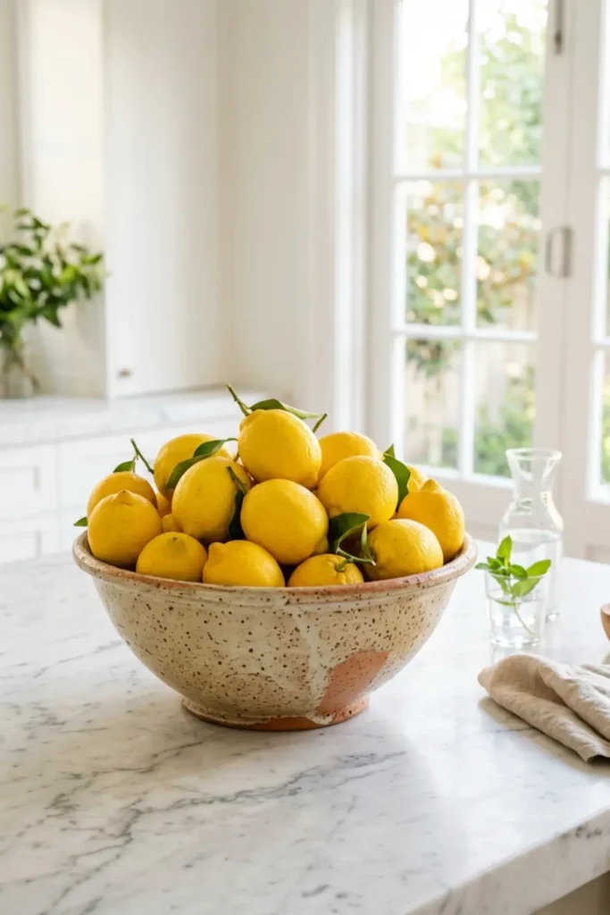 White marble kitchen island styled with a bowl of fresh yellow lemons.