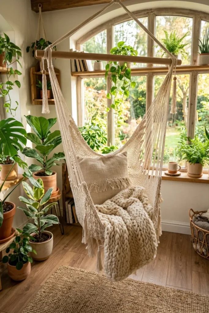 Hanging macrame chair in a sun-drenched cozy corner with house plants.