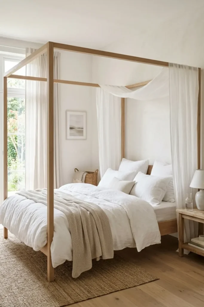 Four poster canopy bed draped in sheer white fabric in a sunlit room.
