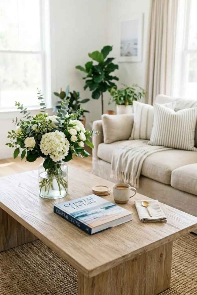 Light sun-bleached oak coffee table topped with decorative glass vase.