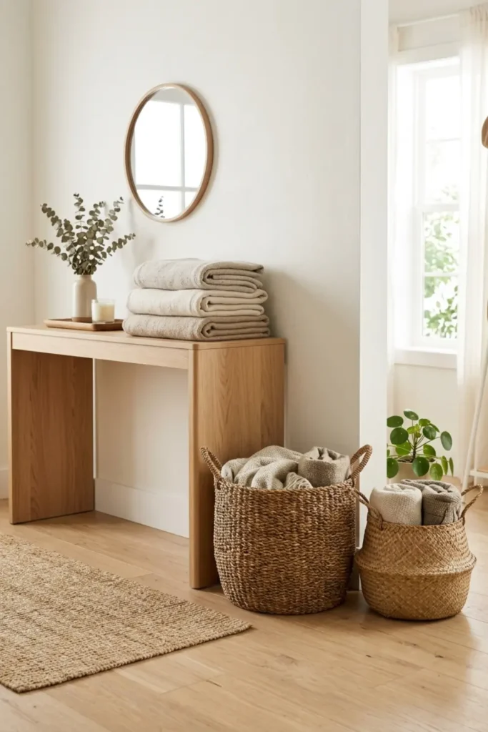 Woven seagrass belly baskets storing linen blankets next to a console table.