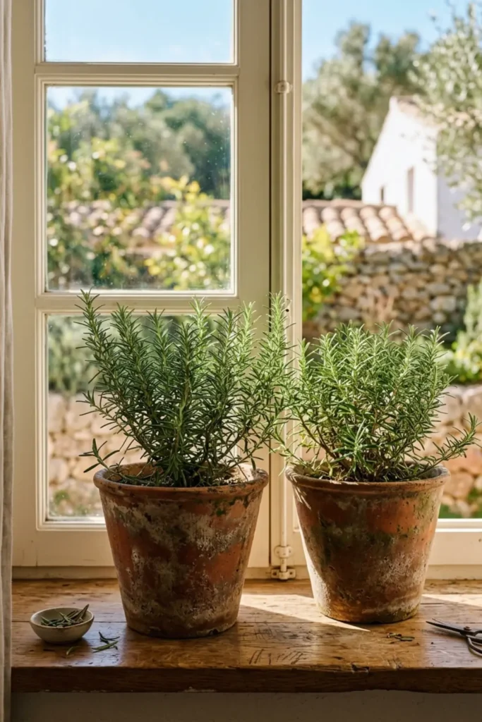 Aged terracotta planters holding green herbs on a bright wooden window sill.