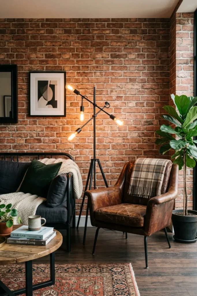Industrial style living room featuring warm rust exposed brick effect wallpaper.