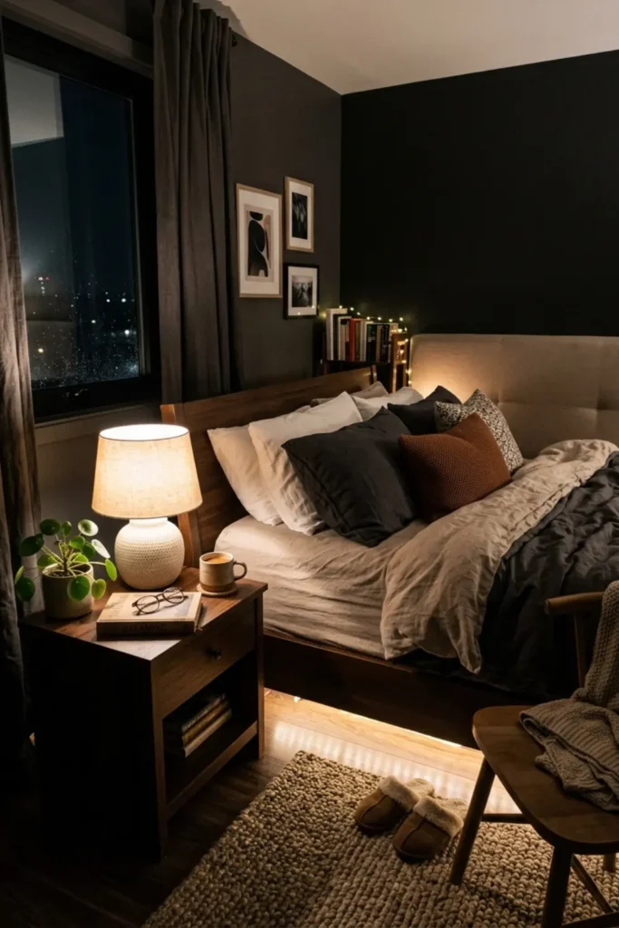 Warm ambient lighting in a relaxing bedroom setting.
