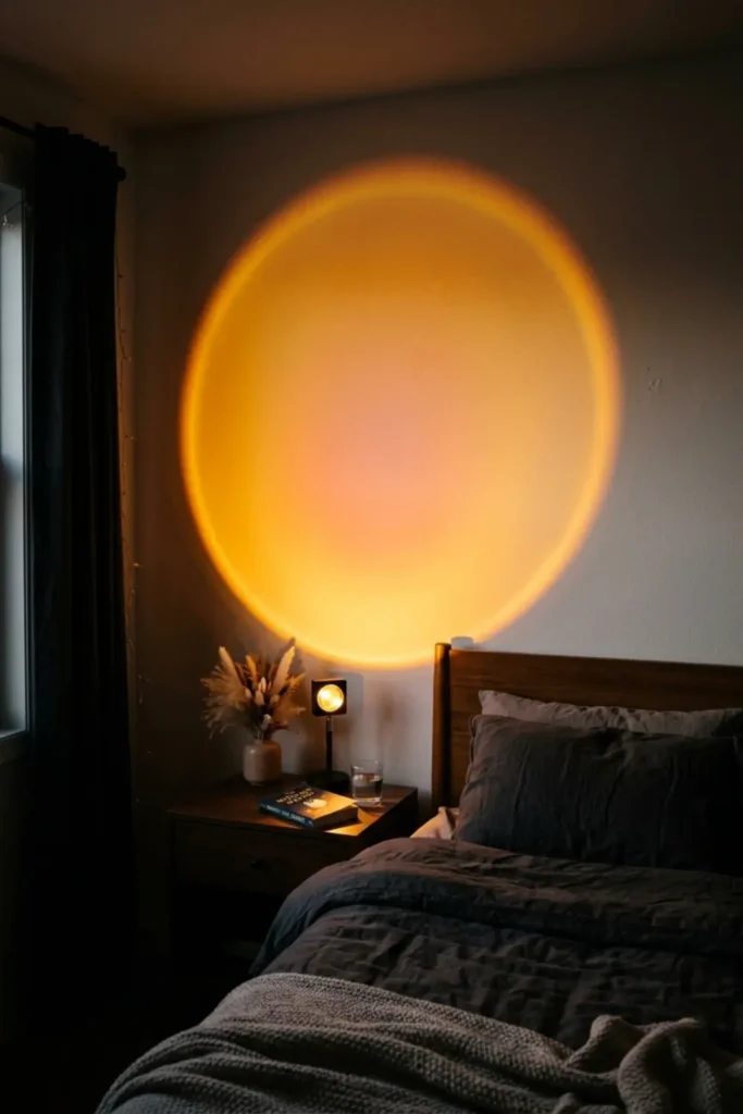 Sunset projection lamp casting golden light on a bedroom wall.