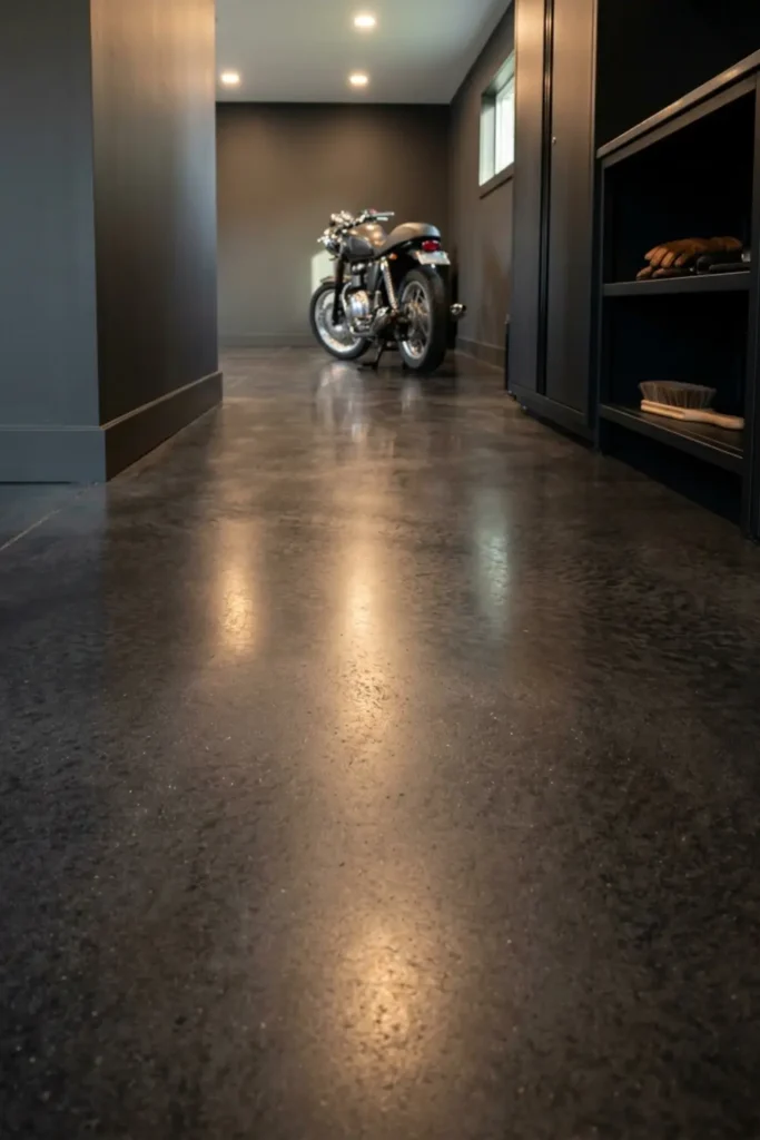 Dark charcoal stained concrete garage floor with a smooth satin finish.