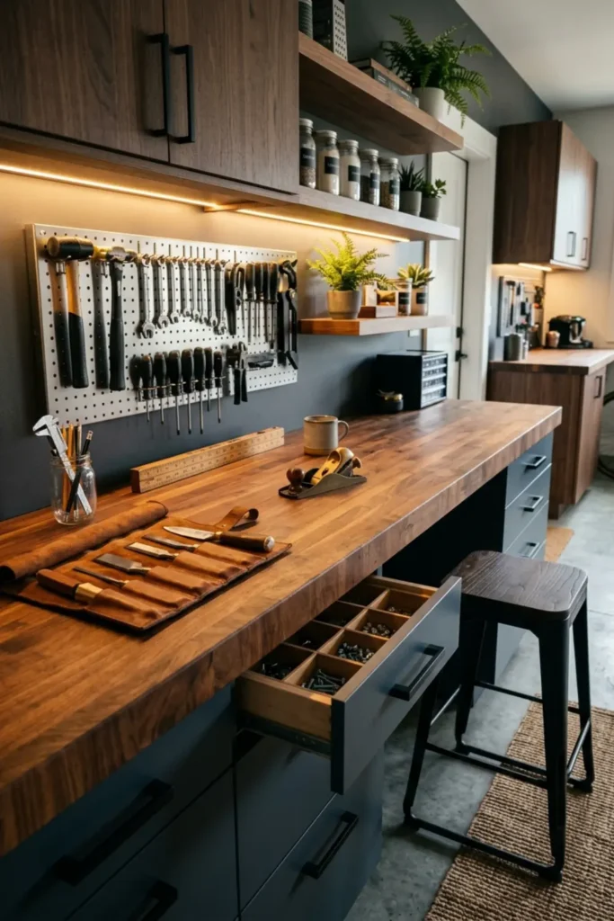 Solid wood butcher block garage workbench with integrated storage.
