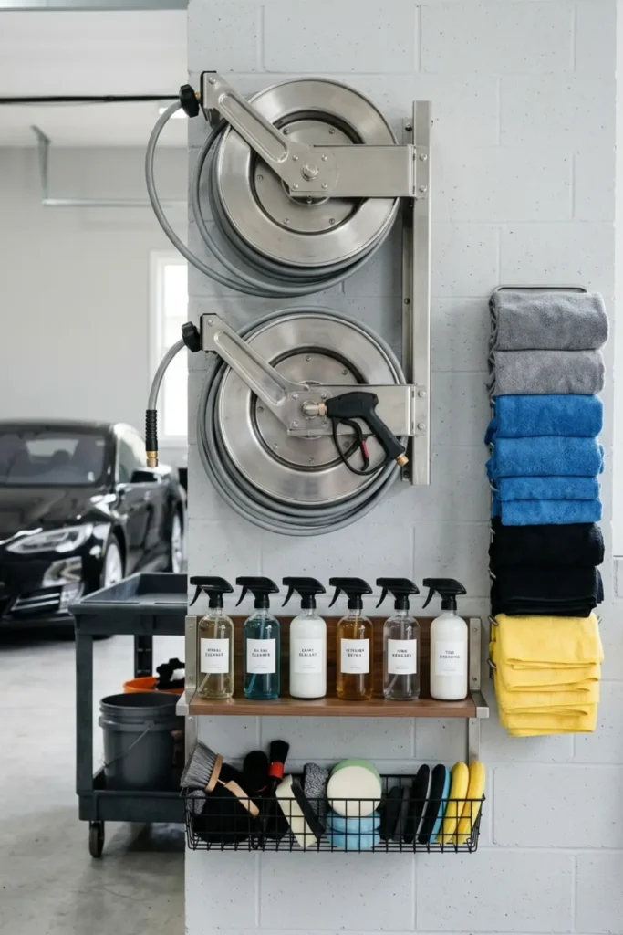 Organized garage car detailing station with pressure washer and supplies.