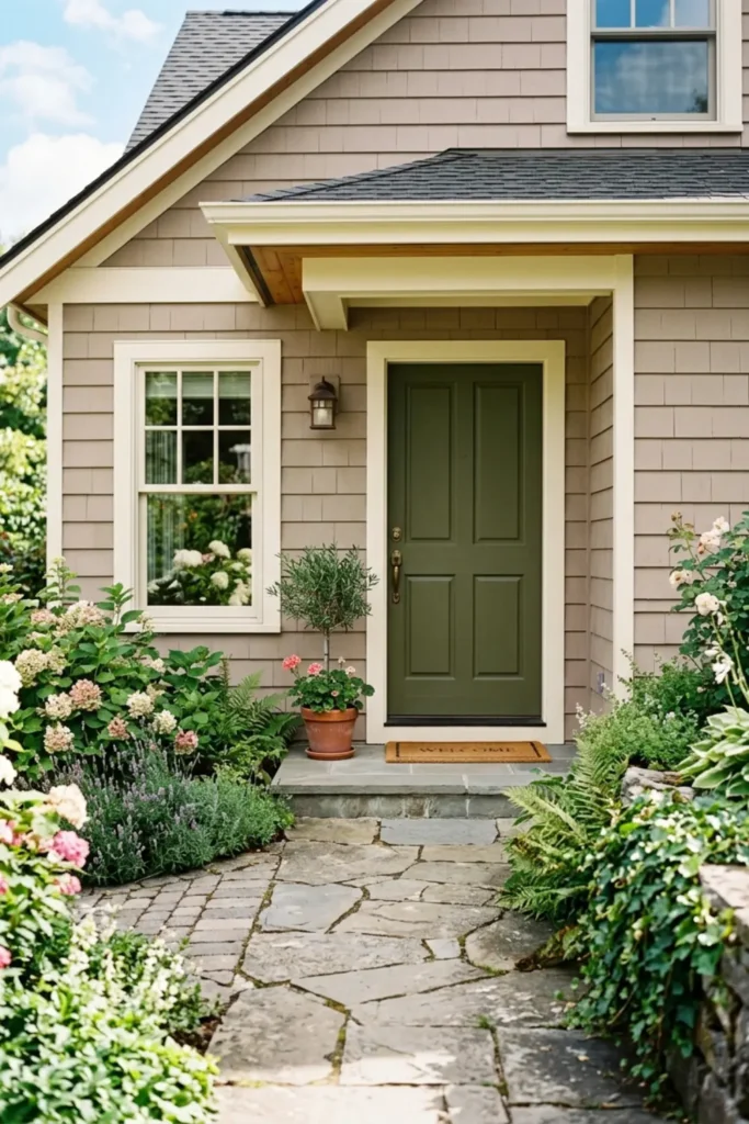 Soft Taupe Siding with Olive Green Door and Cream Trim