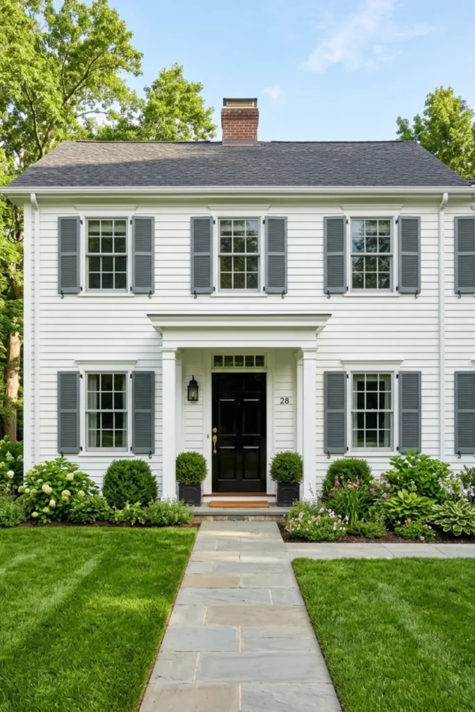 Crisp Pure White with Slate Gray Shutters and Black Door