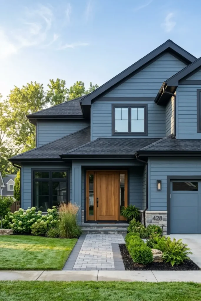 Slate Blue Siding with Dark Charcoal Trim and Light Wood