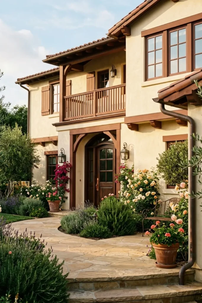 Warm Cream Stucco with Chestnut Brown Trim and Copper Fixtures