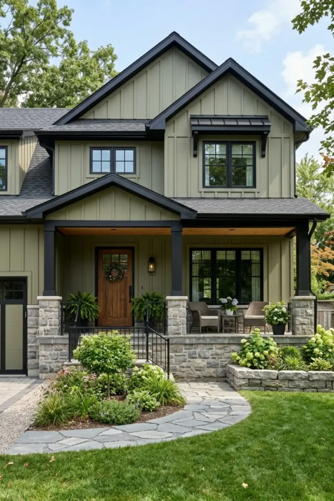 Olive Green Siding with Black Trim and Natural Stone