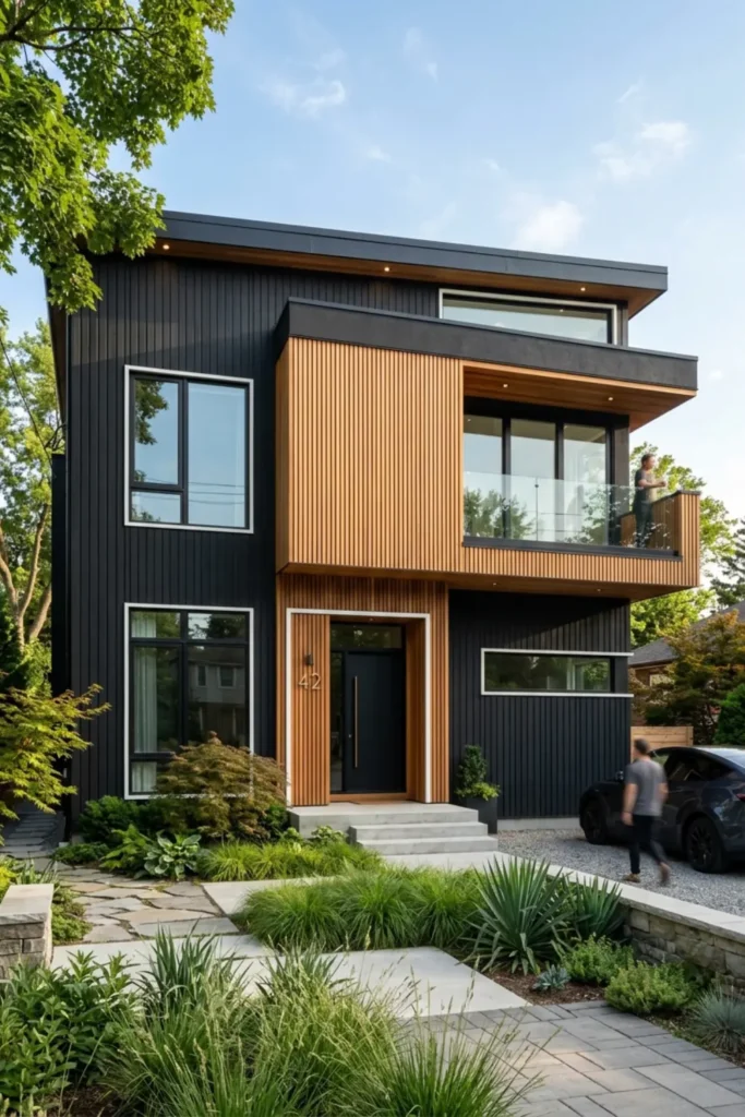 Matte Black Siding with Warm Cedar Slats and White Trim