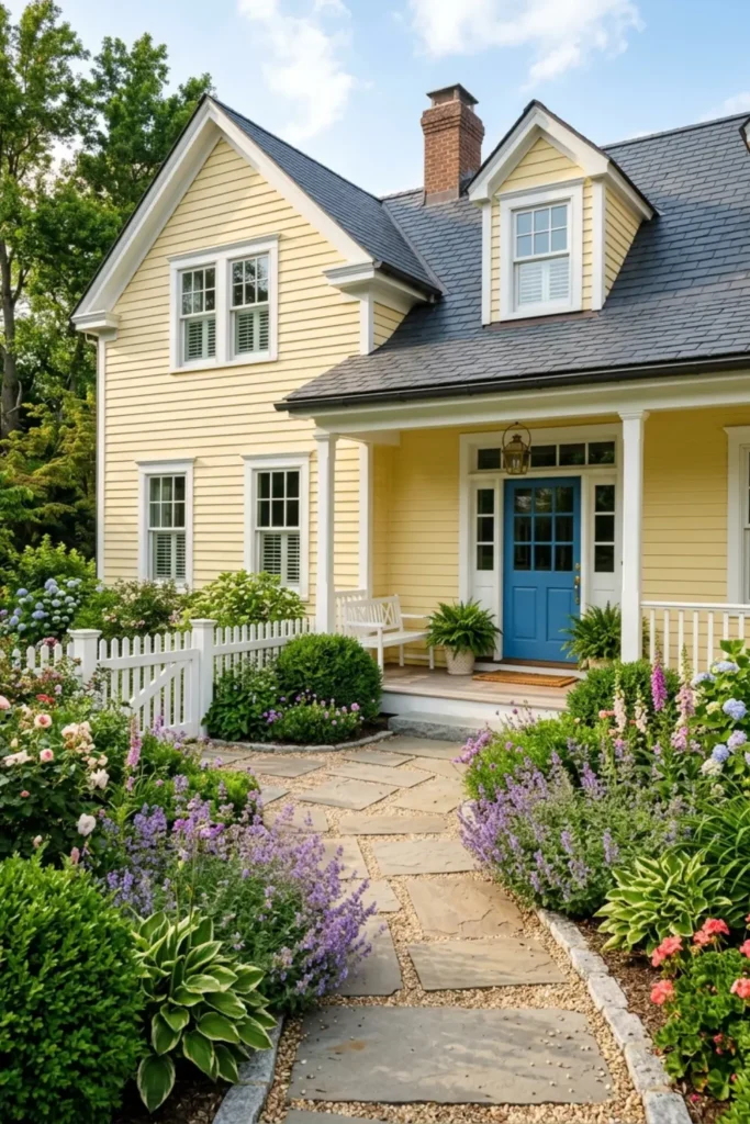 Pale Butter Yellow Siding with Crisp White Trim and Dark Slate Roof