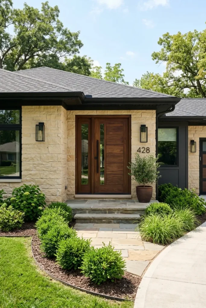 Warm Sandstone Siding with Deep Walnut Door and Black Accents