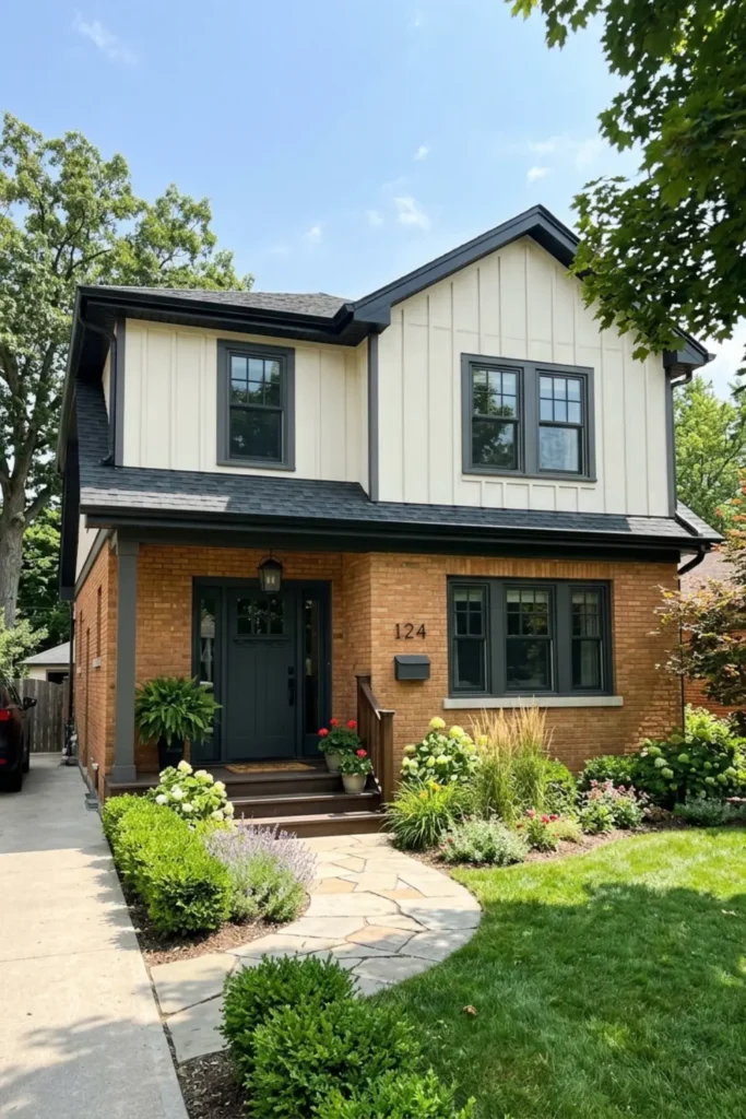 Rust Orange Brick with Soft Off-White Siding and Charcoal Trim