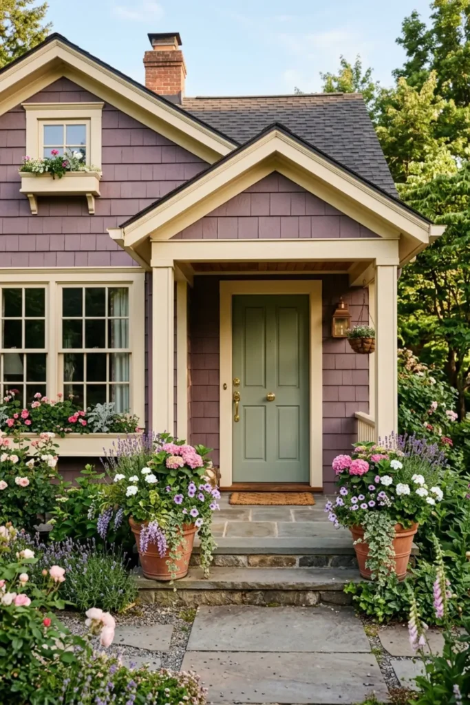 Dusty Plum Siding with Warm Cream Trim and Brass Accents