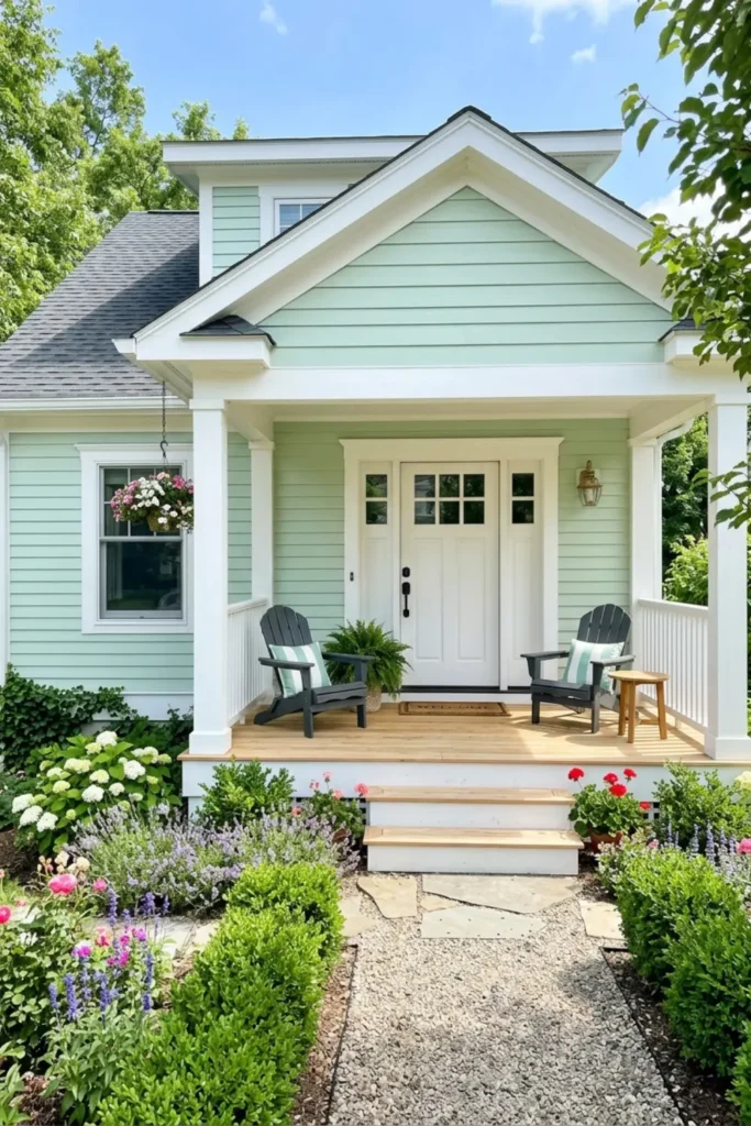 Pale Mint Green with White Trim and Light Cedar Porch
