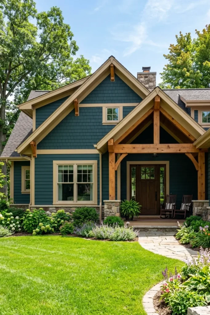 Dark Teal Siding with Sand Trim and Natural Timber Accents