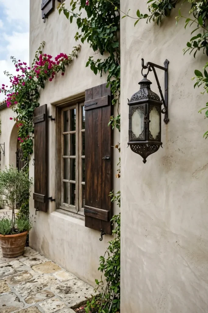 Soft Greige Stucco with Dark Espresso Shutters and Iron Lanterns