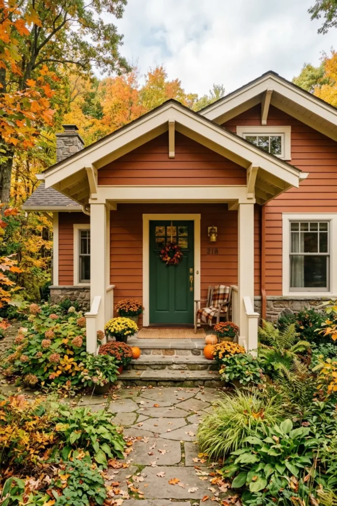 Warm Clay Siding with Forest Green Door and Off-White Trim