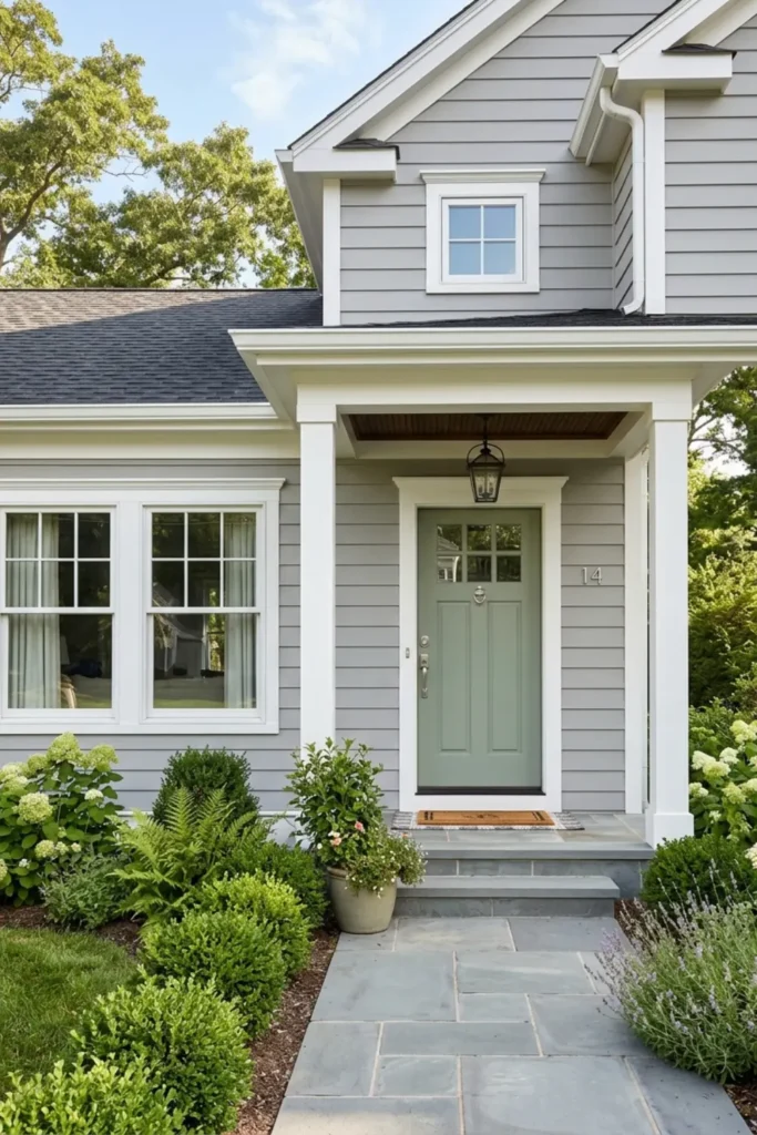 Dove Gray Siding with Soft Sage Door and White Trim