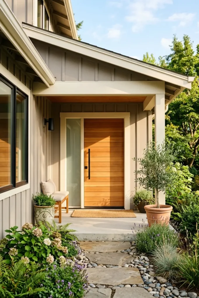 Soft Mushroom Siding with Cream Trim and Natural Cedar Door