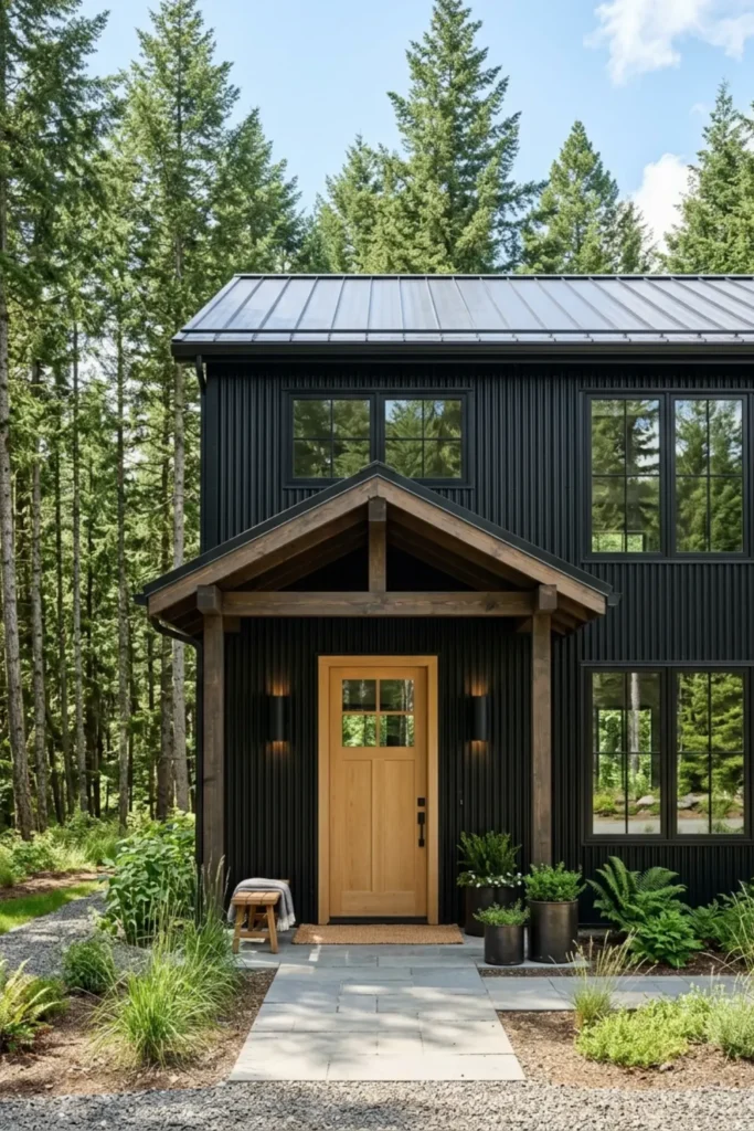 Matte black metal barndominium exterior with light oak wood front door.
