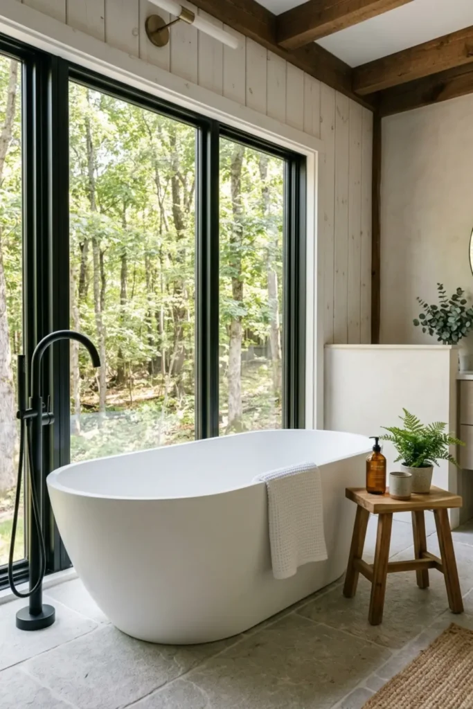 Freestanding soaking tub next to large window in a modern barndominium bath.