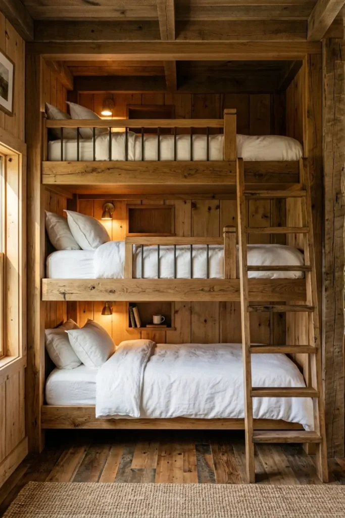 Built-in four-bed bunk room setup with timber framing and reading lights.