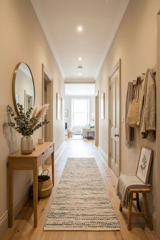 Seamless paint flow in a narrow corridor with a bright white ceiling.